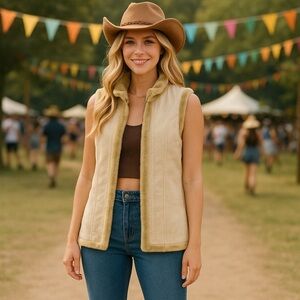 Cream and Tan Embroidered Vest faux suede